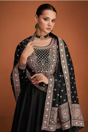 Black embroidered premium silk blend anarkali suit