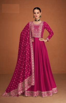 Pink embroidered premium silk blend anarkali suit 1