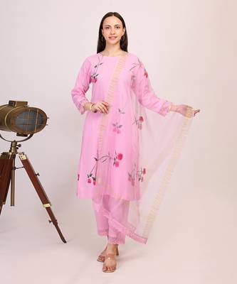 Pink hand printed cotton kurta set with organza dupatta 1