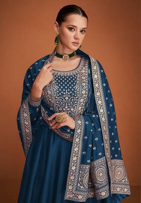 Blue embroidered premium silk blend anarkali suit 2
