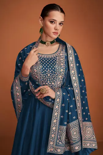 Blue embroidered premium silk blend anarkali suit