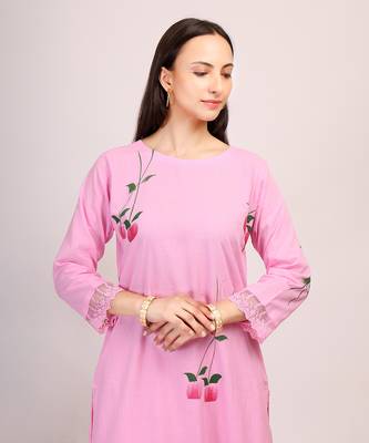 Pink hand printed cotton kurta set with organza dupatta 4