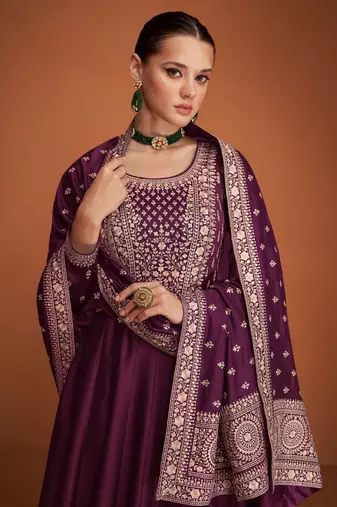 Purple embroidered premium silk anarkali suit