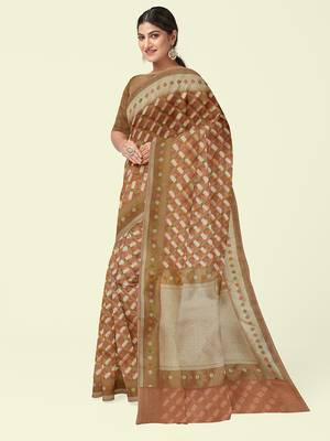 Peach woven cotton silk saree with blouse 1