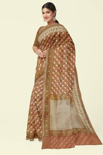 Peach woven cotton silk saree with blouse