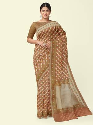 Peach woven cotton silk saree with blouse 2