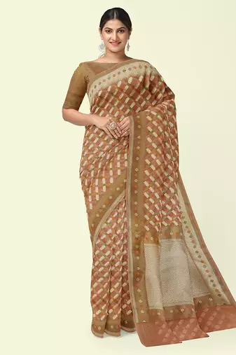 Peach woven cotton silk saree with blouse