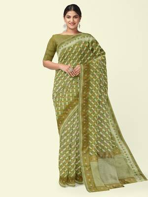 Green woven cotton silk saree with blouse 1