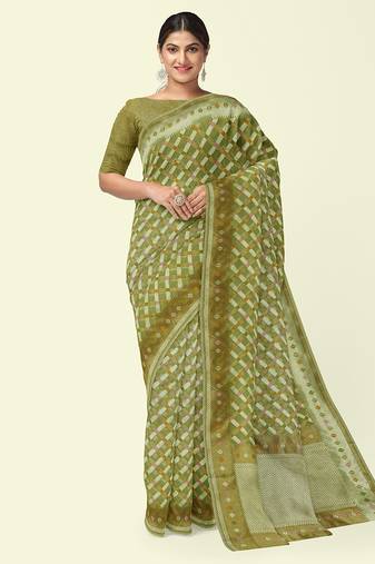 Green woven cotton silk saree with blouse