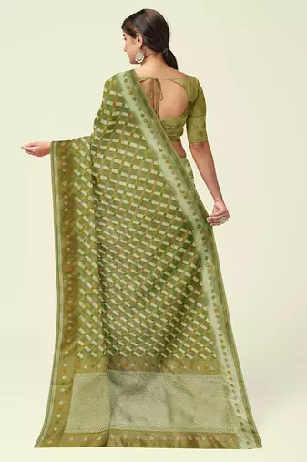 Green woven cotton silk saree with blouse
