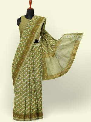 Green woven cotton silk saree with blouse 4