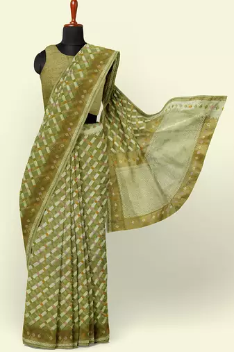 Green woven cotton silk saree with blouse