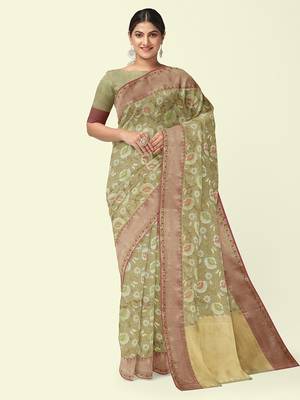 Beige woven cotton silk saree with blouse 1