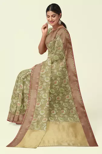 Beige woven cotton silk saree with blouse