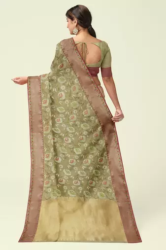 Beige woven cotton silk saree with blouse