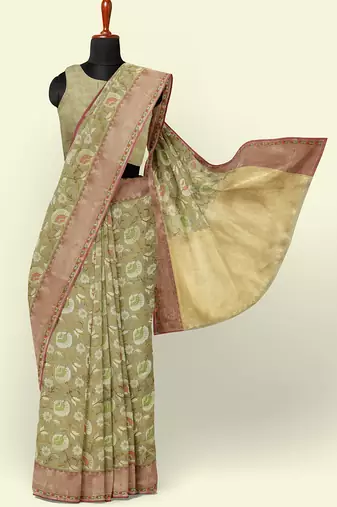 Beige woven cotton silk saree with blouse