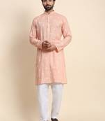 Peach pure cotton weaved motif kurta