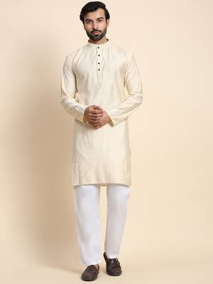 Cream viscose rayon self weaved kurta 1