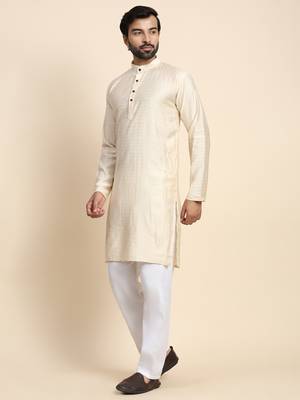 Cream viscose rayon self weaved kurta 4