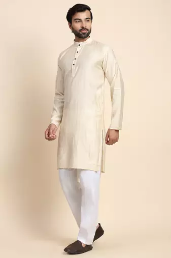 Cream viscose rayon self weaved kurta