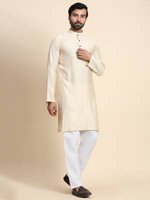 Cream viscose rayon self weaved kurta 5