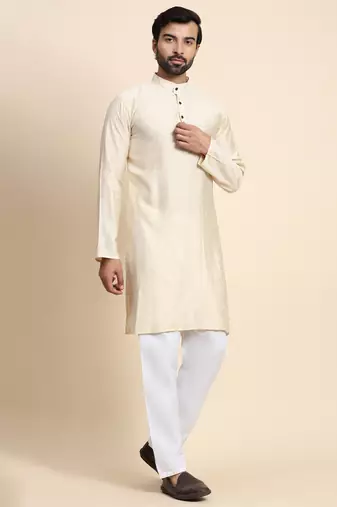 Cream viscose rayon self weaved kurta