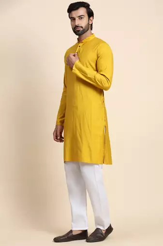 Mustard viscose rayon self weaved kurta