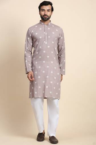 Lilac pure cotton weaved motif kurta