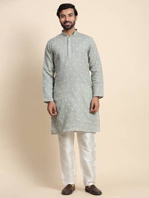 Green pure cotton weaved motif kurta 1