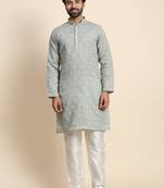 Green pure cotton weaved motif kurta