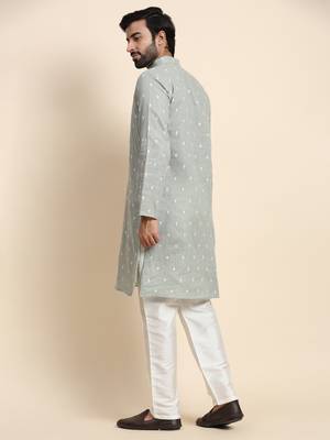 Green pure cotton weaved motif kurta 3