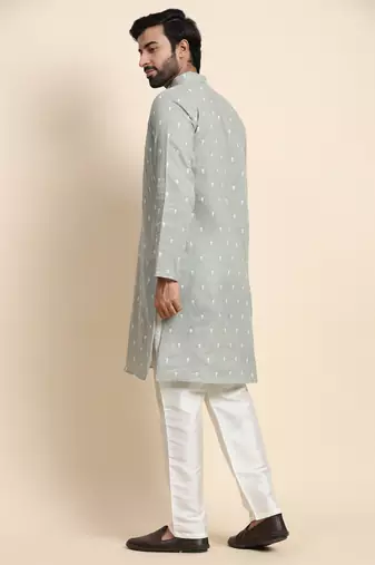 Green pure cotton weaved motif kurta
