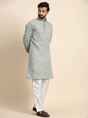 Green pure cotton weaved motif kurta 4