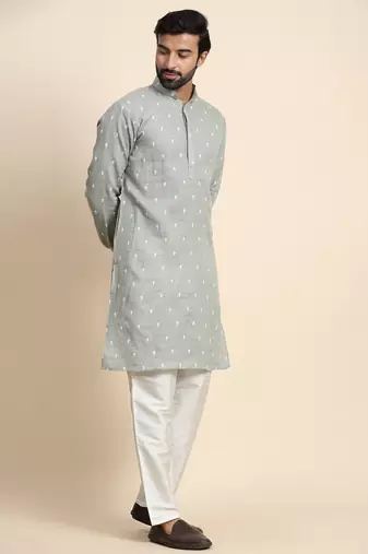Green pure cotton weaved motif kurta