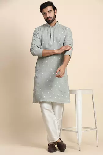 Green pure cotton weaved motif kurta