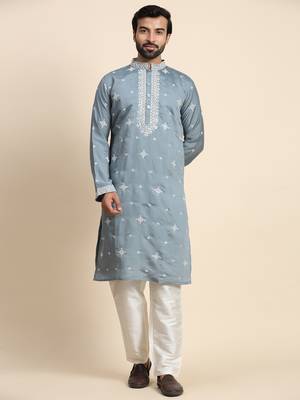 Blue silk weaved neck work kurta 1