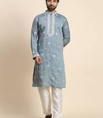 Blue silk weaved neck work kurta