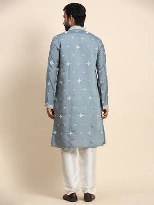 Blue silk weaved neck work kurta 3