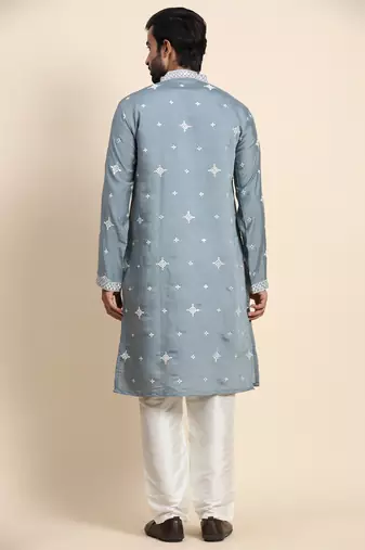 Blue silk weaved neck work kurta
