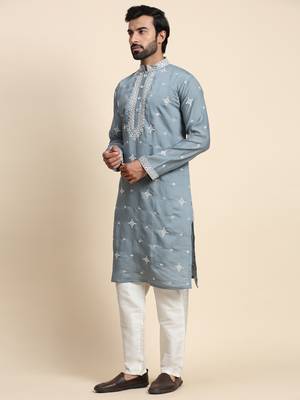 Blue silk weaved neck work kurta 4