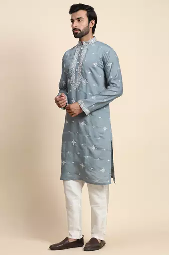 Blue silk weaved neck work kurta