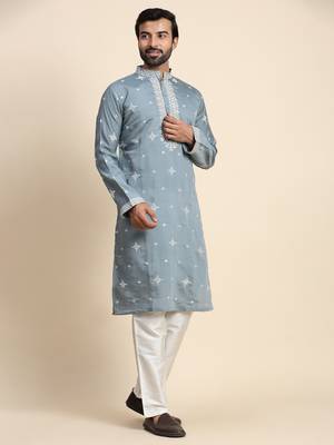 Blue silk weaved neck work kurta 5