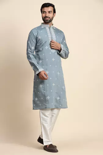 Blue silk weaved neck work kurta