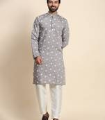 Grey viscose rayon weaved motif kurta