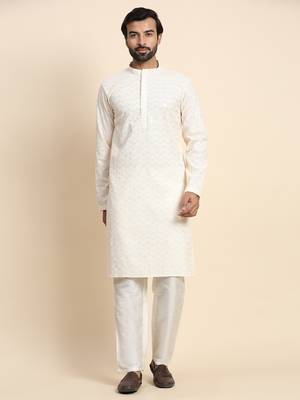 Cream cotton chikankari kurta 1
