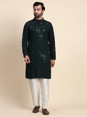 Dark green cotton chikankari kurta 1