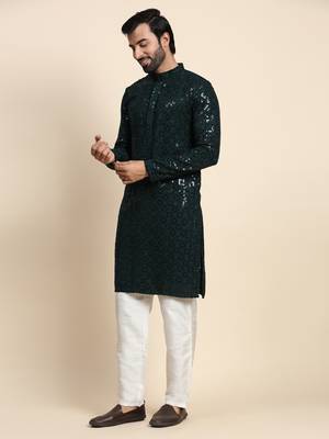 Dark green cotton chikankari kurta 4