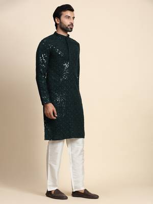 Dark green cotton chikankari kurta 5