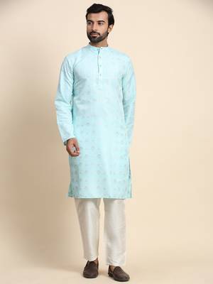 Cyan jacquard jacquard kurta 1