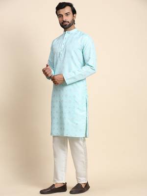 Cyan jacquard jacquard kurta 4